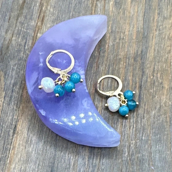 Blue apatite and freshwater pearl dangle chandelier confetti drop long earrings - Picture 1 of 1